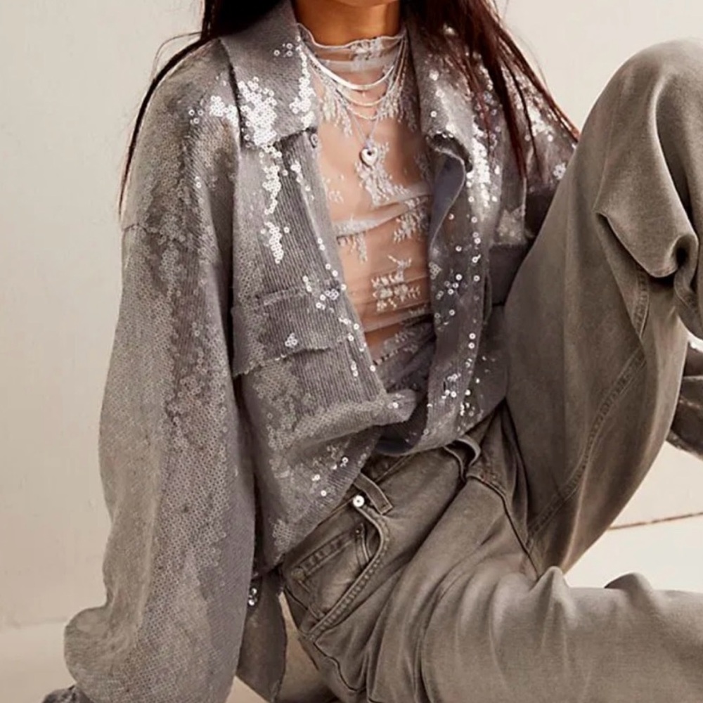 NWOT Free People Disco Margarita Button down Size Small in Silver